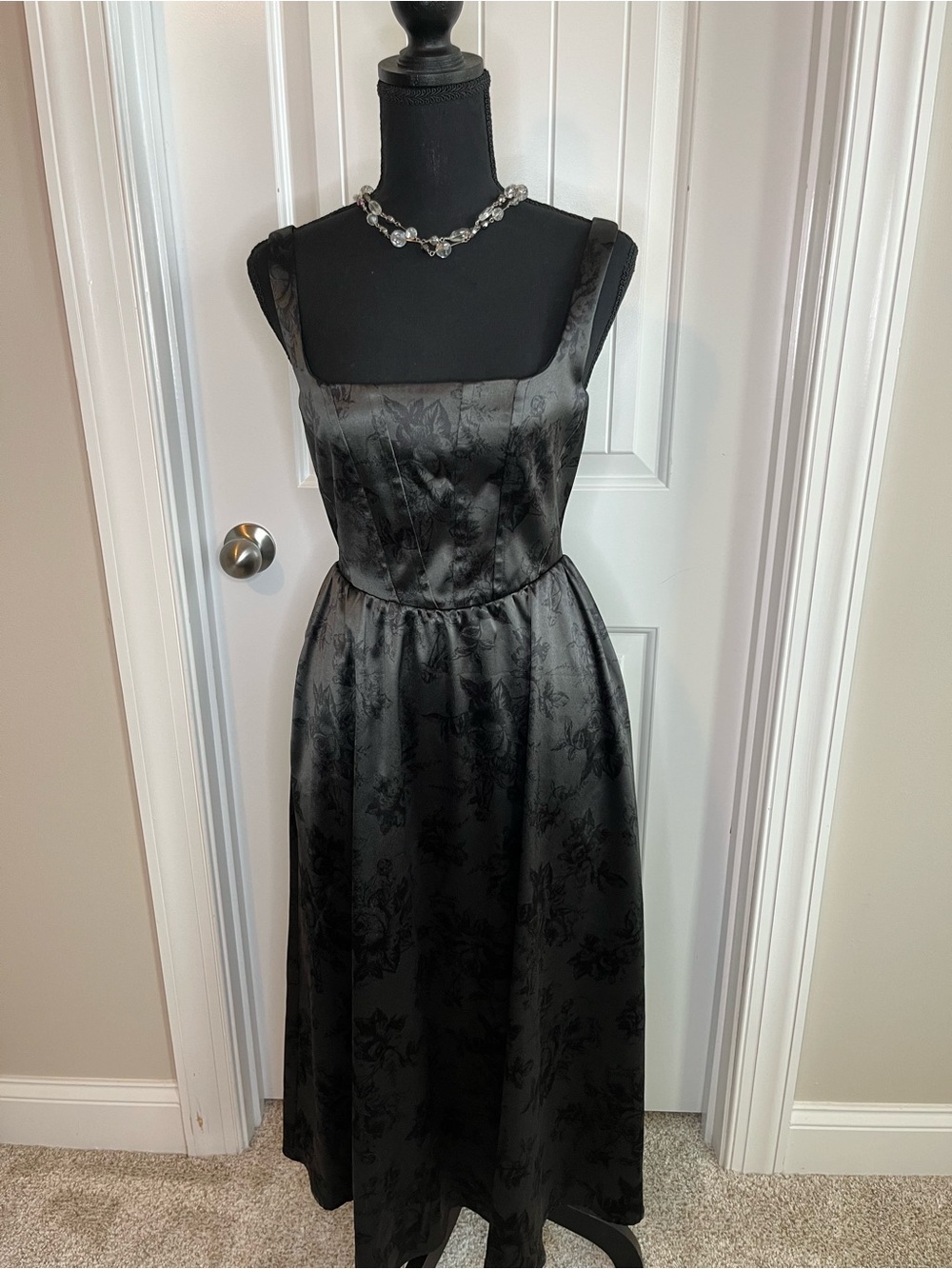 Wayf Black Floral Jacquard Midi Dress